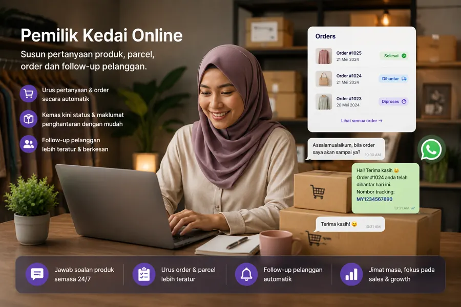Visual pemilik kedai online mengurus pertanyaan produk